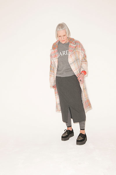 All Ages: grey sweater with writing checked pattern coat skirt with slit leggings