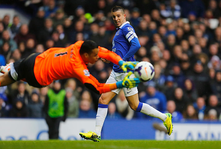 saturday round up: Kevin Mirallas of Everton has his shot saved by Swansea keeper Michel Vorm 