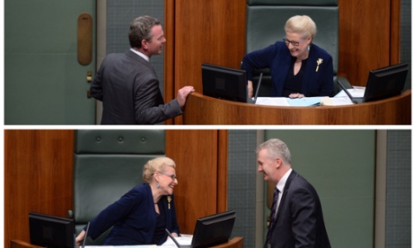 Sequence of Speaker Bronwyn Bishop speaking to the leader of the House Christopher Pyne and manager of opposition business Tony Burke during House of Representatives Question Time in Canberra, Monday, March 24, 2014.