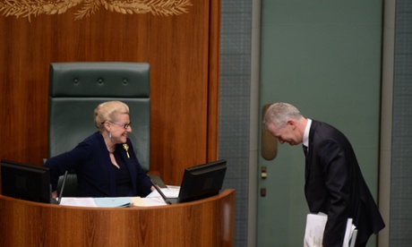 The manager of Opposition business Tony Burke bows to Speaker Bronwyn Bishop during House of Representatives Question Time in Canberra, Monday, March 24, 2014.