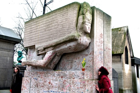 Woman kissing the grave of Oscar Wilde Père Lachaise cemetery.