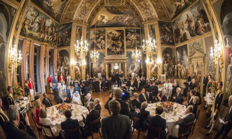 King Willem Alexander (far-left) delivers a speech during a dinner for the members of the 2014 Nuclear Security Summit, at the Royal Palace Huis ten Bosch in The Hague.