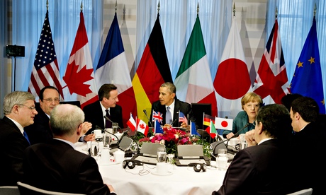 G7 leaders of the European council, Canada, France, the UK, the US, Germany, Japan, Italy and the European commission. Photograph: Jerry Lampen/AP