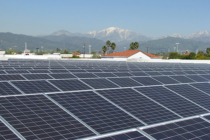 Corporate green energy: Solar panels on a Walmart store in Covina, California