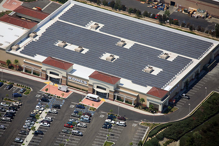 Solar panels on a Kohl's store in Laguna Niguel, California