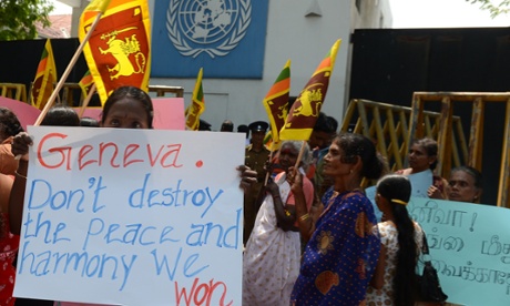 Sri Lankan Tamil pro-government activists take part in a demo outside the UN offices in Colombo this month to protest the proposed US-led UN resolution to investigate Sri Lanka for alleged war crimes. The resolution calls for an international probe into allegations that 40,000 civilians were killed at the end of Sri Lanka's separatist war