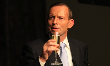 To empire. Prime Minister Tony Abbott offers a toast during a Parliamentary reception to farewell Governor General Quentin Bryce at Parliament House in Canberra.