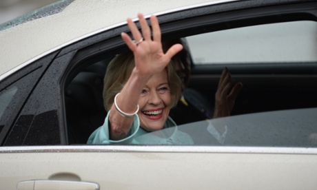 Outgoing Governor-General Dame Quentin Bryce waves from her car after leaving the Australian War Memorial in Canberra, Wednesday, March 26 2014. The new Governor-General Peter Cosgrove will officially commence his duties on Friday.