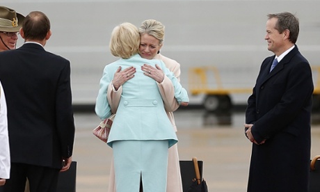 Governor General Quentin Bryce embraces her daughter Chloe Shorten during a departure ceremony at RAAF Fairburn on March 26, 2014 in Canberra, Australia.