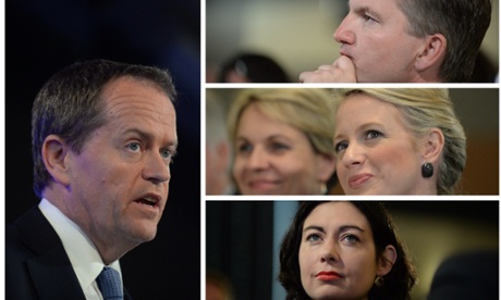 Shadow treasurer Chris Bowen, Chloe Bryce and Labor MP Terri Butler listening to Opposition leader Bill Shorten speaking at the National Press Club in Canberra, Wednesday, March 26 2014. (AAP Image for the Guardian/Lukas Coch) NO ARCHIVING Politics Political Politician Politicians