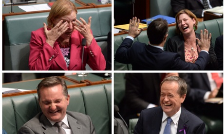 Sequence of members of the Opposition Julie Owens, Julie Collins, shadow treasurer Chris Bowen and Opposition leader Bill Shorten laughing during House of Representatives Question Time at Parliament House in Canberra, Wednesday, March 26, 2014.