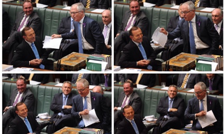 Sequence of Prime Minister Tony Abbott listening to Communications minister Malcolm Turnbull during House of Representatives Question Time at Parliament House in Canberra, Wednesday, March 26, 2014.
