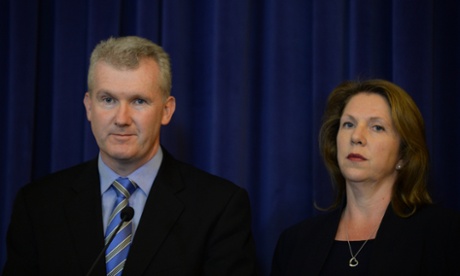 Shadow minister for Finance Tony Burke (left) and shadow minister for Health Catherine King speak to the media during a press conference at Parliament House in Canberra, Wednesday, March 26, 2014.