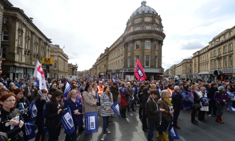 Teachers marching by Monument in Newcastle in support of the National Union of Teachers (NUT) during a one-day walkout by teachers across England and Wales.