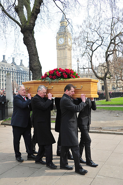 Tony Benn funeral: Tony Benn's coffin is carried to St Margaret's in Westminster by his family