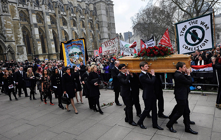 Tony Benn funeral: Tony Benn's coffin is carried from St Margaret's Church following his funer