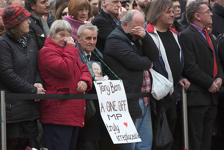 Tony Benn funeral: Mourners react during the funeral