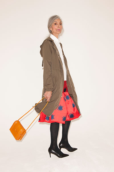 All Ages anoraks: white shirt peplum skirt red blue brown anorak