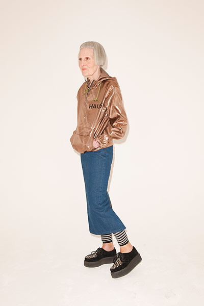 All Ages anoraks: gold anorak blue pencil skirt 