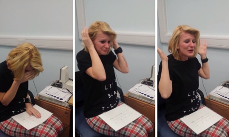 Joanne Milne, who was deaf since birth, as she hears for the first time