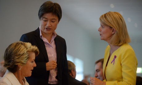Australia's newly appointed Ambassador for Women and Girls Natasha Scott Despoja speaks to Julie Bishop and Penny Wong.