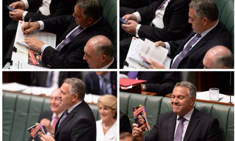 Sequence of Treasurer Joe Hockey as he prepared to use shadow treasurer Chris Bowen's book.