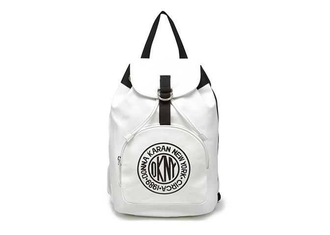 20 of the best rucksacks: Best rucksacks - white rucksack with black straps and logo by DKNY