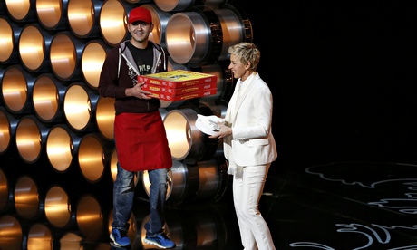 Ellen DeGeneres and pizza delivery man at the Oscars
