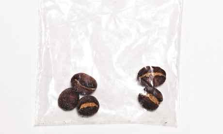 Coffee beans in a clear plastic bag