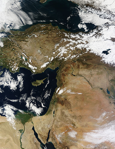 Satellite Eye on Earth: a beautiful nearly cloud free image of Asia Minor and the Middle East