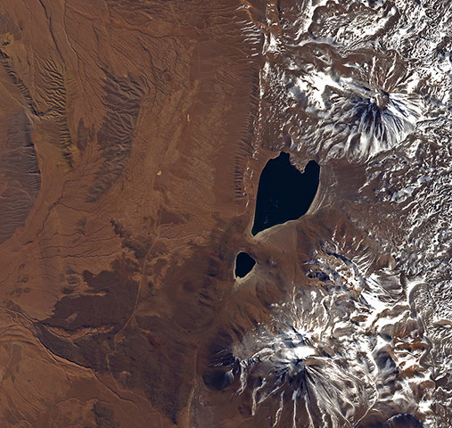 Satellite Eye on Earth: The heart-shaped Miscanti lake and smaller Mi  iques lake, Chile