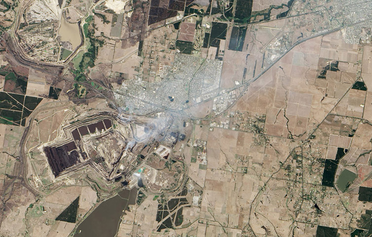 Satellite Eye on Earth: Plumes of smoke rising from the mine and drifting over Morwell