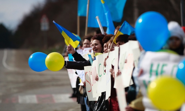 People attend a pro-Ukrainian rally in Simferopol, Ukraine.