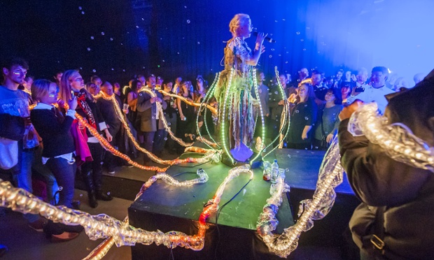 Connect with your audience: Singer Charlotte Church performs her new EP 'Four' with a sci-fi show complete with futuristic costumes controlled by the audience, bubble machines and a UV light show in London.