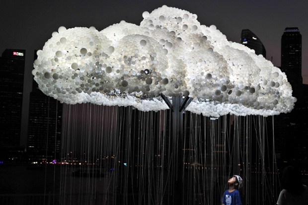 A young boy views an art installation during the I Light Marina Bay Festival in Singapore.  