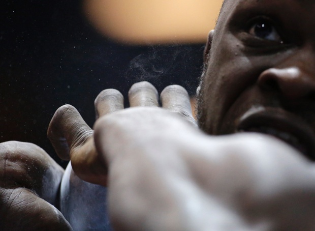 Nigeria's Stephen Mozia prepares an attempt during the qualification for the men's shot put during the Athletics World Indoor Championships in Sopot, Poland.