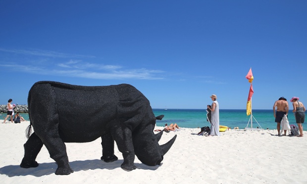 Gift of the Rhinoceros by artist Mikaela Castledine is seen at the 10th annual Sculpture by the Sea at Cottesloe Beach in Perth, Australia.