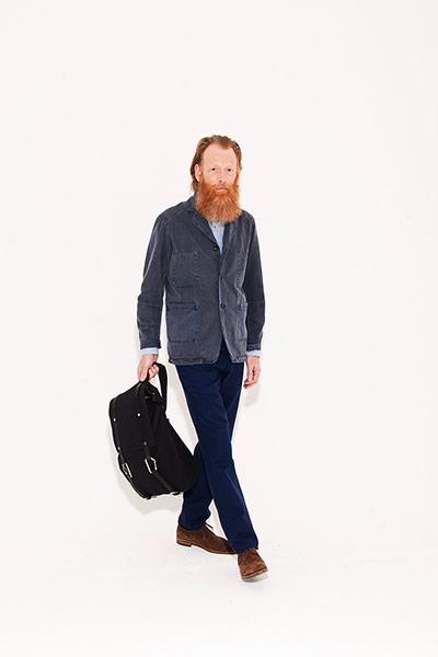 All Ages blue: blue jacket denim shirt blue trousers brown shoes black bag