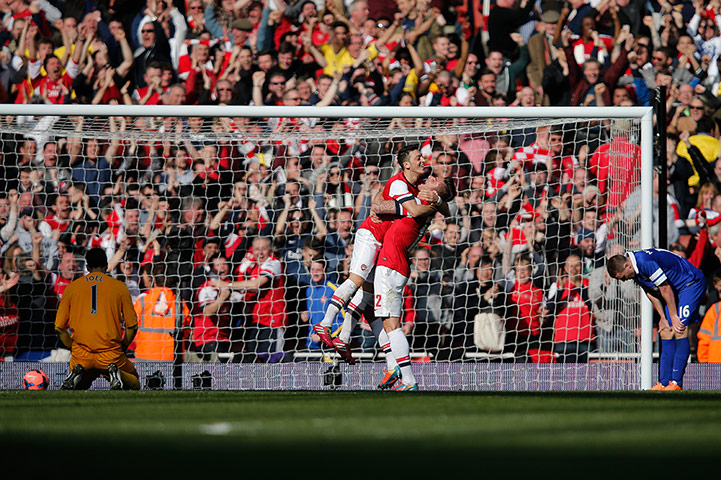 Arsenal versus Everton: Olivier Giroud celebrates scoring the 4th goal