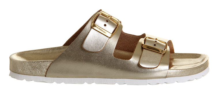 comfy shoes: Gold double strap sandal