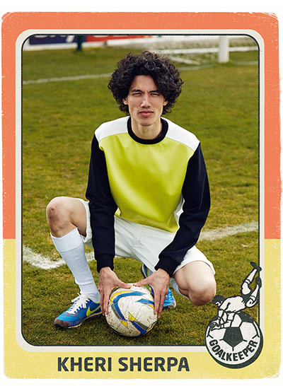 Panini fashion shoot:  colour block sweatshirt green white black white shorts blue trainers