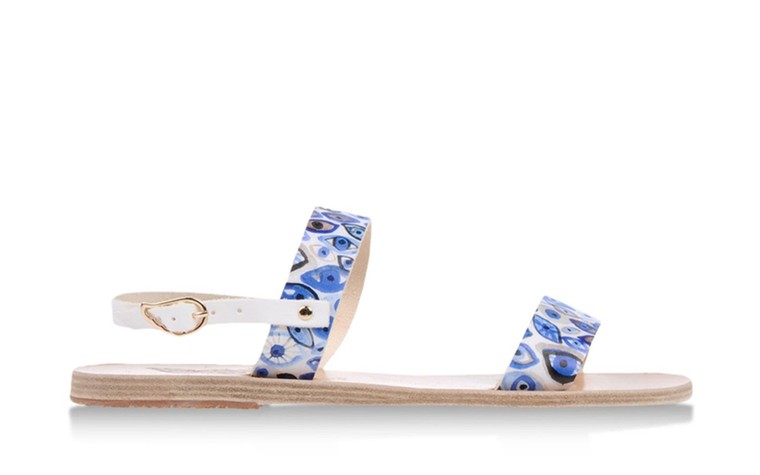 50 best flat sandals: 50 of the best flat sandals - blue white eye print Ancient Greek sandals