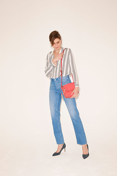 All Ages Blue: striped shirt jeans red bag polka dot pattern court shoes