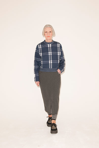 All Ages Blue: checked sweatshirt white blue long grey skirt crepe soled shoes