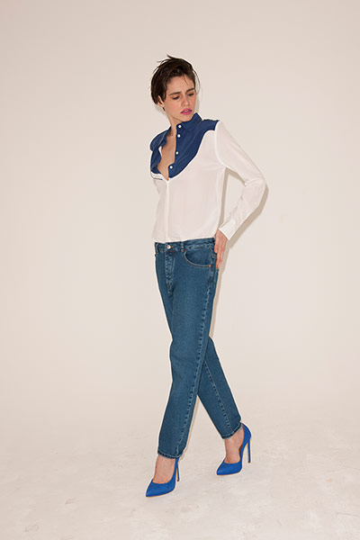 All Ages Blue: blue and white silk shirt jeans high heeled blue shoes