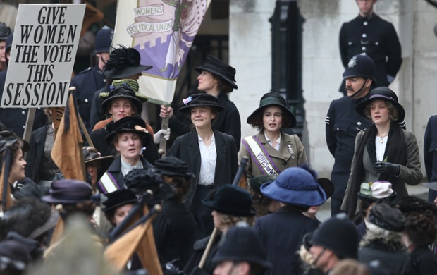 Actors Anne-Marie Duff, Carey Mulligan, Helena Bonham Carter and Romola Garai take part in filming of the movie Suffragette at Parliament in London. This is the first time filming for a movie has been allowed in The Houses of Parliament.