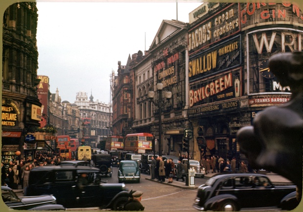 Colour photograph of Piccadilly Circus, 1949.