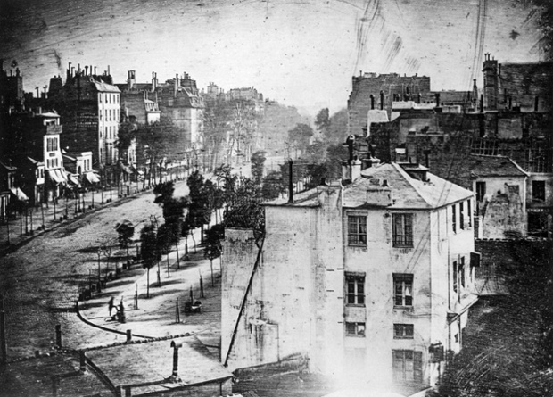 The earliest reliably dated photograph of a person on Boulevard du Temple, Paris, 1838.