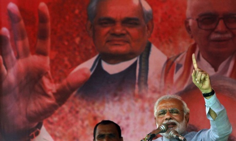 Narendra Modi addresses his supporters during a campaign rally at Balasore, India, on Friday.