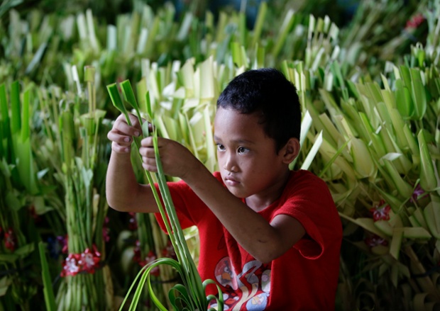 A boy prepares palm fronds outside a Roman Catholic church in Paranaque, Philippines to be used in Palm Sunday rites.